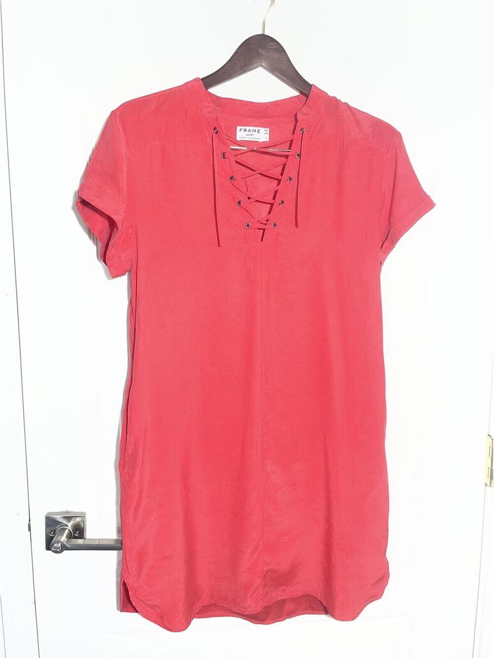 Frame Silk short sleeve lace front shirt dress Coral pockets summer classic